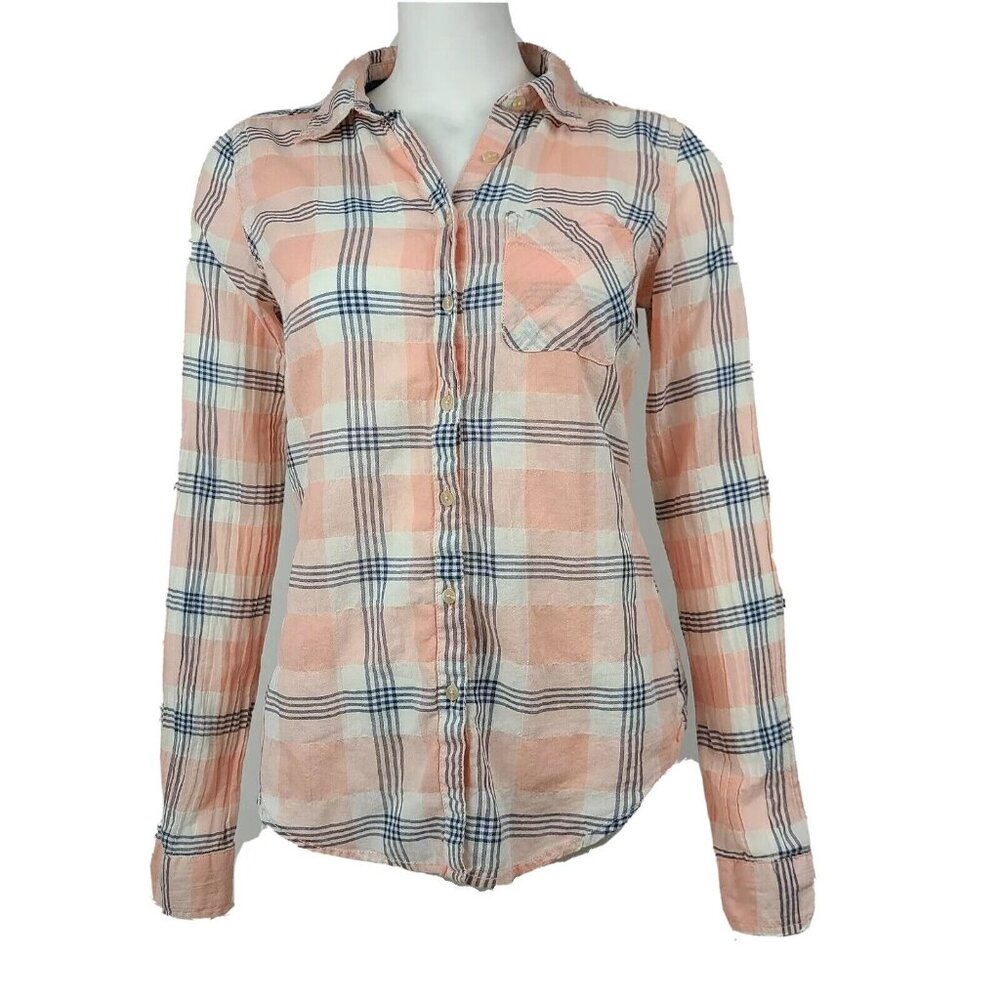 Maurices Button Down Shirt Womens Size S Small Pink Blue Tartan‎ Plaid Collared